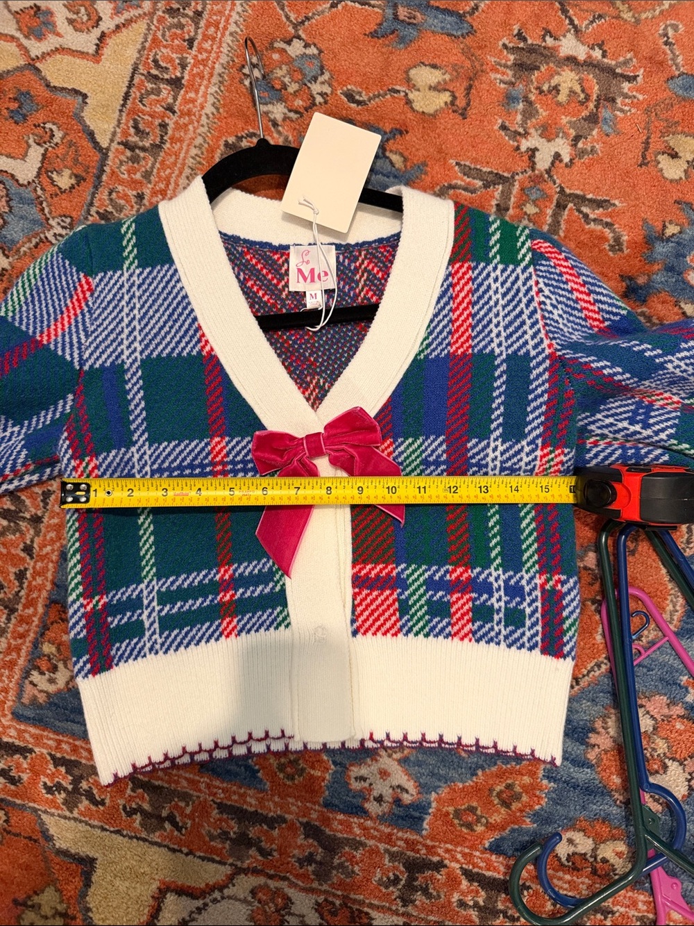 So Me plaid cardigan features a button-front design  with decorative bow - Picture 4 of 5